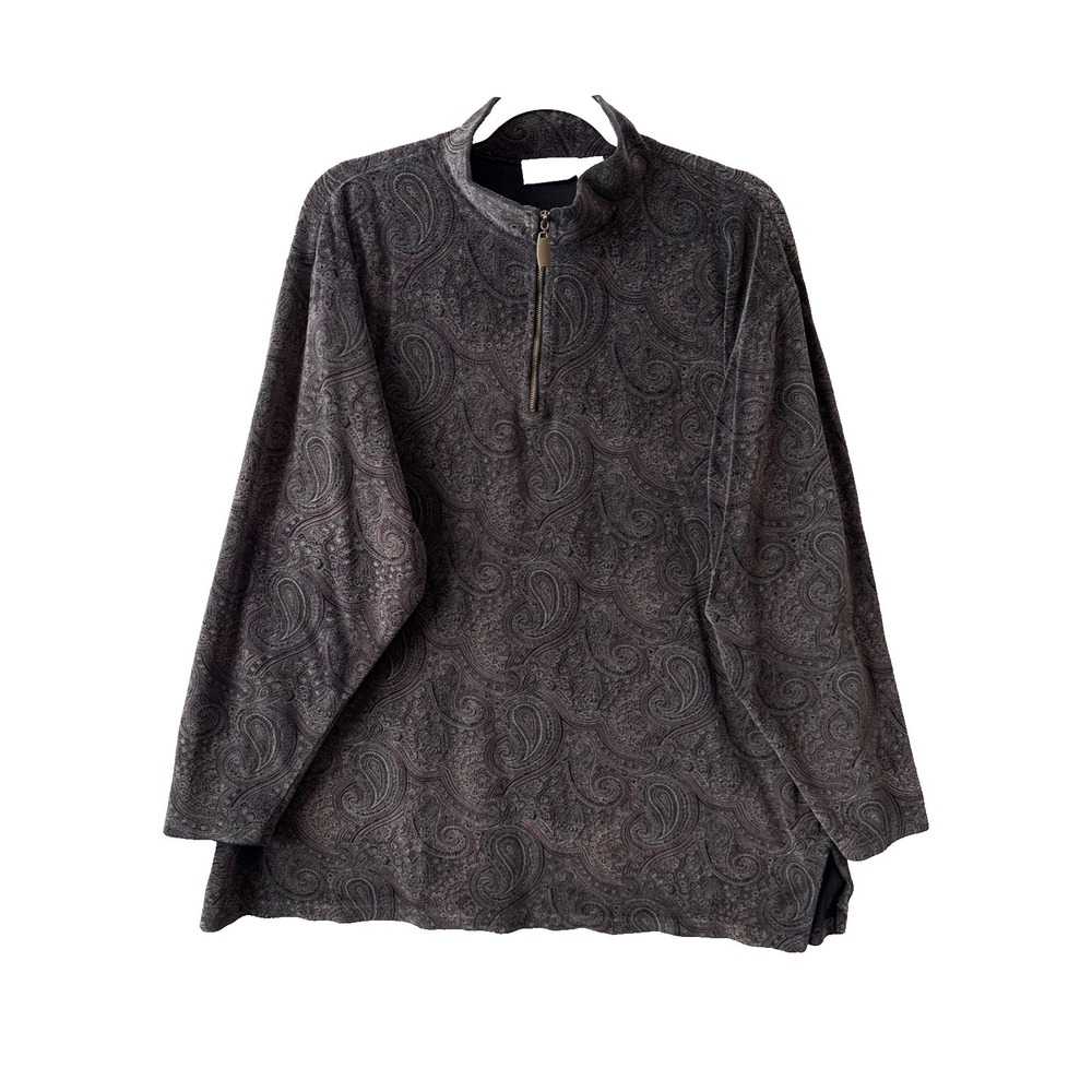 Elisabeth Paisley Gray Purple Velour  1/4 Zip Pullover Womens Plus 2 Grandma 90s
